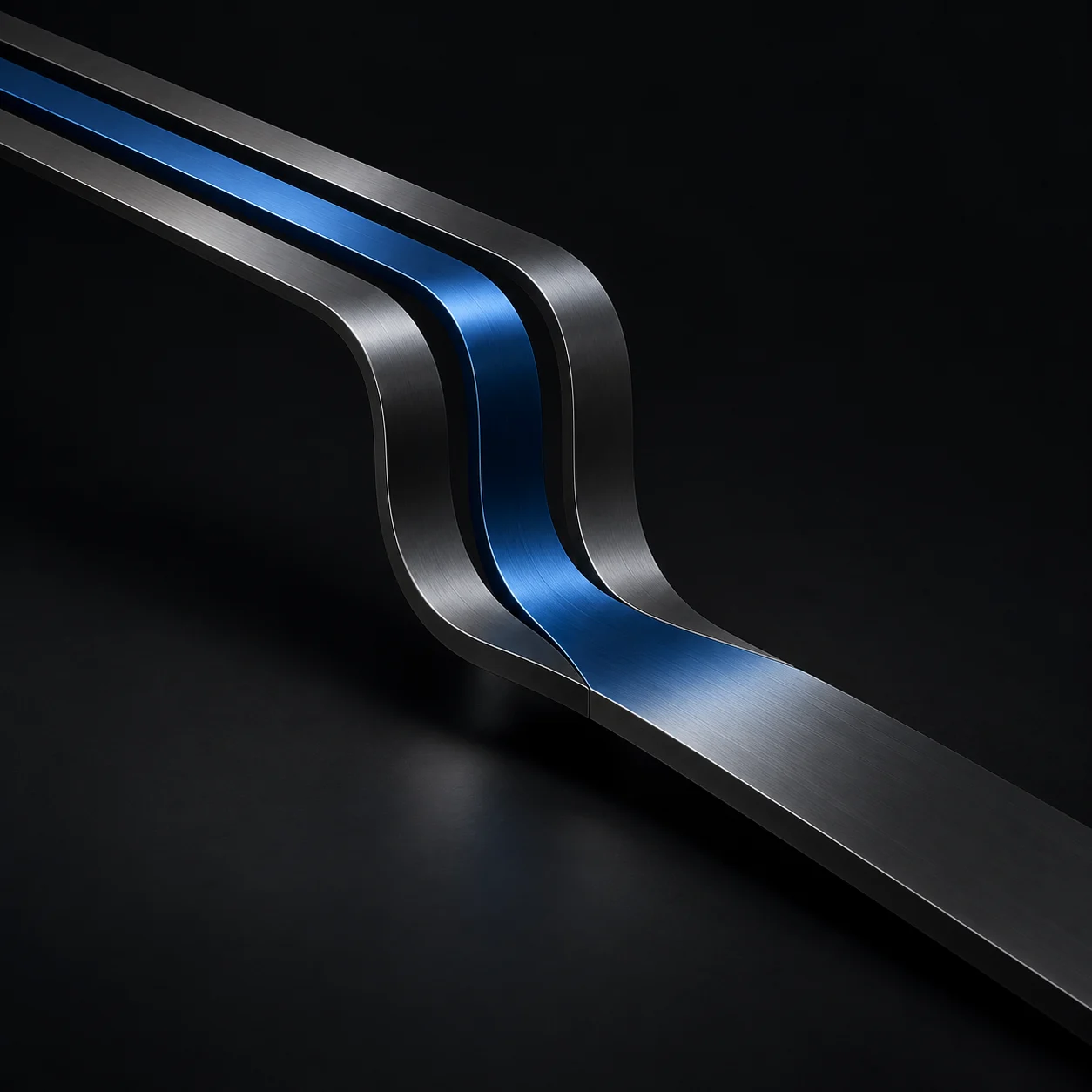 Three precision metal paths, one in blue, converge into a single settlement path.